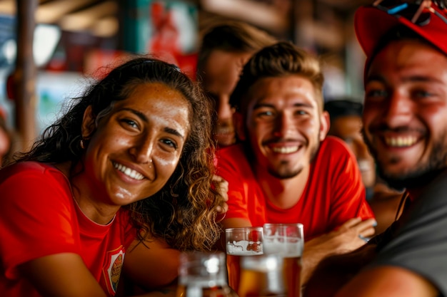 Vier enthousiaste fans in karmozijnrode truien genieten van een voetbalwedstrijd in een pub met brouwen die vreugde uitstralen