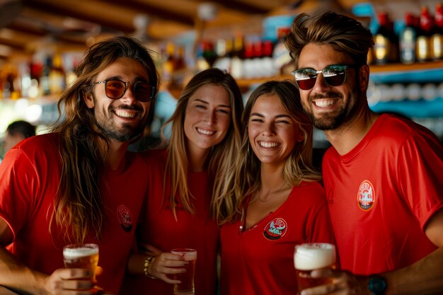 Vier enthousiaste voetballiefhebbers in karmozijnrode shirts genieten van bier in de pub terwijl de wedstrijd zich ontvouwt