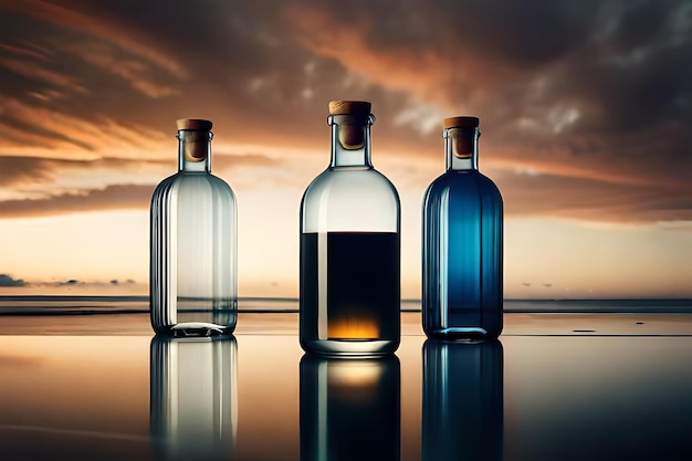vier flessen olie worden weergegeven op een reflecterend oppervlak.
