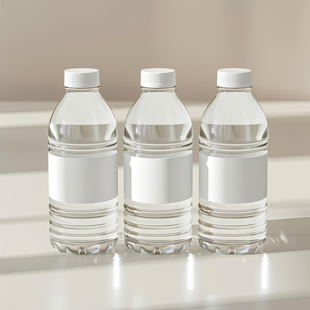 vier flessen water zitten op een plank met de woorden duidelijk op de bodem