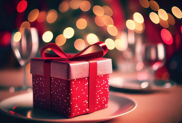 Foto vier geschenkdoos op tafel met onscherpe bokeh lichte achtergrond nieuwjaar evenement en kerstviering concept generatieve ai