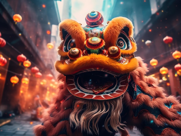 Vier het feestelijke Chinese Nieuwjaar met oranje leeuwendans Barongsai midden in de menigte