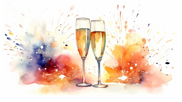 Foto vier het nieuwe jaar met aquarelvuurwerk en champagne op een schone witte achtergrond generatieve ai