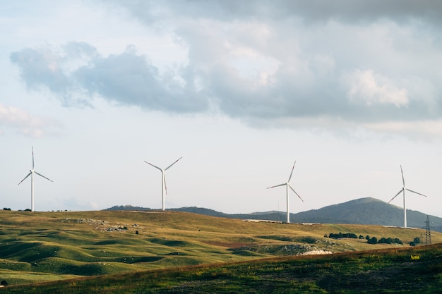 Vier hoge industriële windturbines in het veld