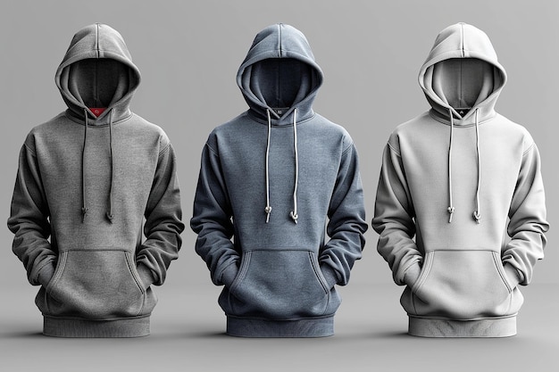 Foto vier hoodies staan in een rij met één die hoody zegt.