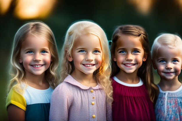 Vier jonge meisjes staan op een rij waarvan er één het woord liefde is