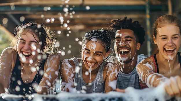 Vier jonge vrienden die plezier hebben in een waterpark ze zijn allemaal doorweekt in water en lachen