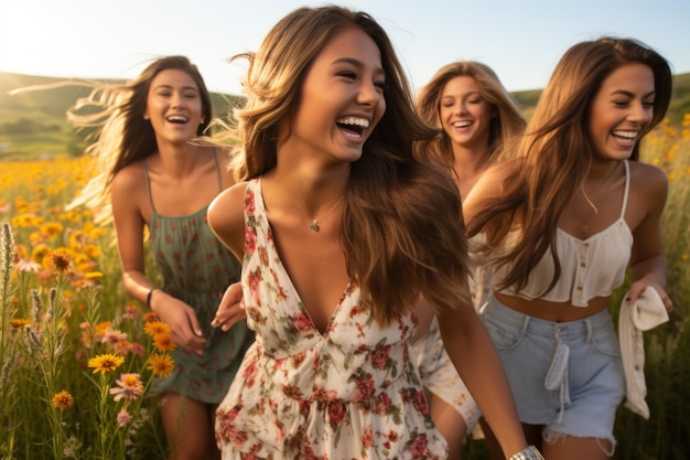 Vier jonge vrouwen lachen en rennen in een veld van bloemen.