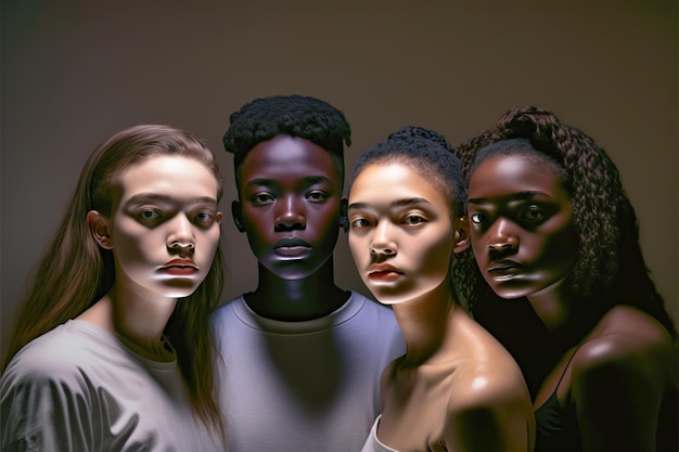 Vier jonge vrouwen van verschillende nationaliteiten, huidskleur en haar staan naast elkaar Generatieve AI-illustratie