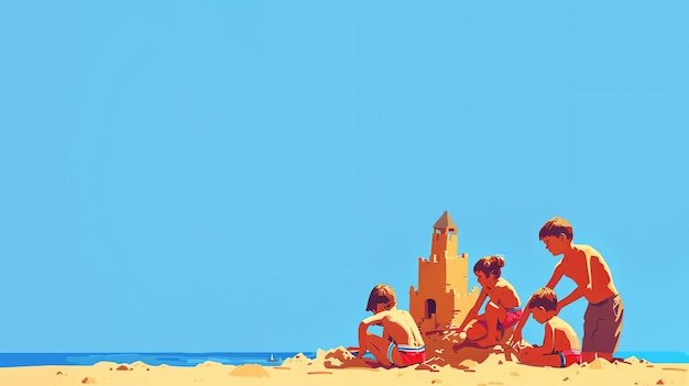 Foto vier kinderen bouwen een zandkasteel op het strand de zon schijnt en de golven breken in de achtergrond