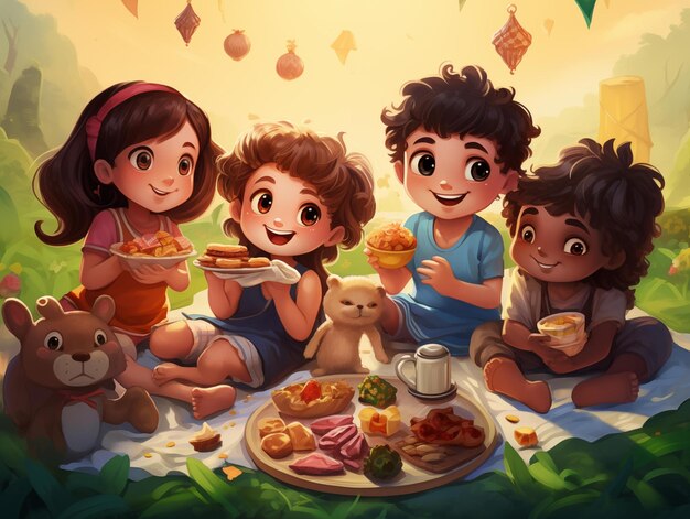 Vier kinderen genieten samen van een picknick op een zonnige dag