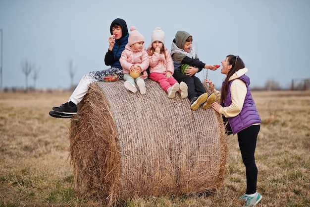 Vier kinderen met moeder die plezier hebben op hooihaan op het veld