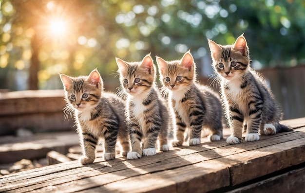 Foto vier kittens met schattige op een houten hek met hun mooie ogen generatief door ai