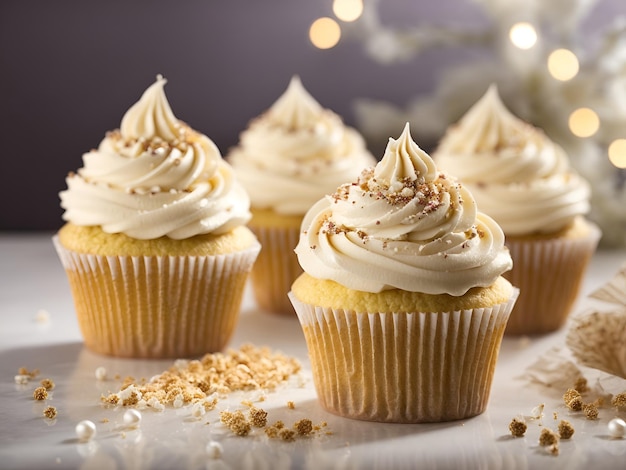 Vier kleurrijke cupcakes met grillige glazuur en sprinkles