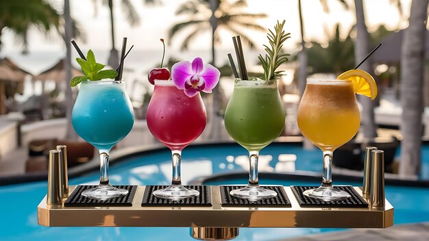 Foto vier kleurrijke smakelijke alcoholische cocktails op een rij bij de bar staan luxe vakantie concept gestreepte beeld dranken bewoordingen