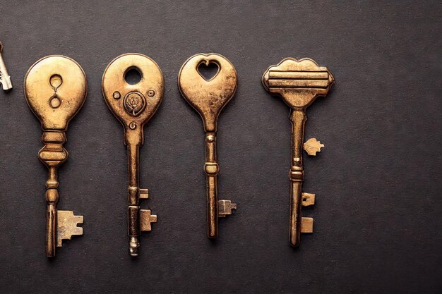 Foto vier koperen sleutels met verschillende koppen op grijsbruine achtergrond