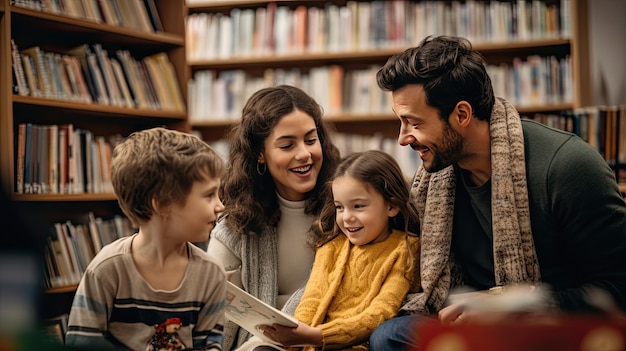 Vier leden van een gezin genieten samen van kwaliteitstijd op een bank omringd door boeken Wereldboekdag