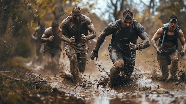 Foto vier mannen bedekt met modder strijden in een hindernisrace