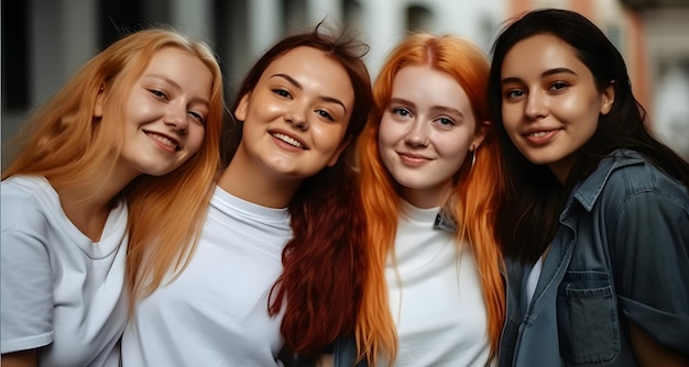Vier meisjes met rood haar staan bij elkaar en glimlachen.