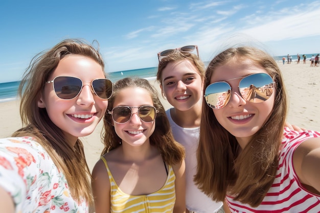 Vier meisjes op een strand met een zonnebril op