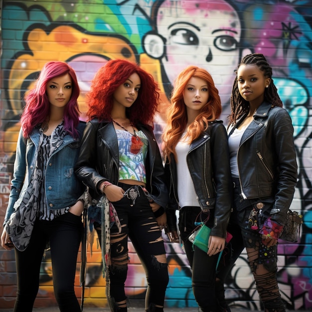 vier meisjes staan voor een graffitimuur met een gezicht erop.