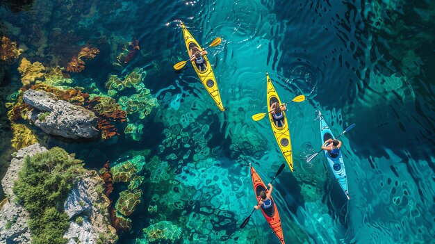Vier mensen kajakken in het heldere blauwe water de kajakkers peddelen door een prachtig koraalrif