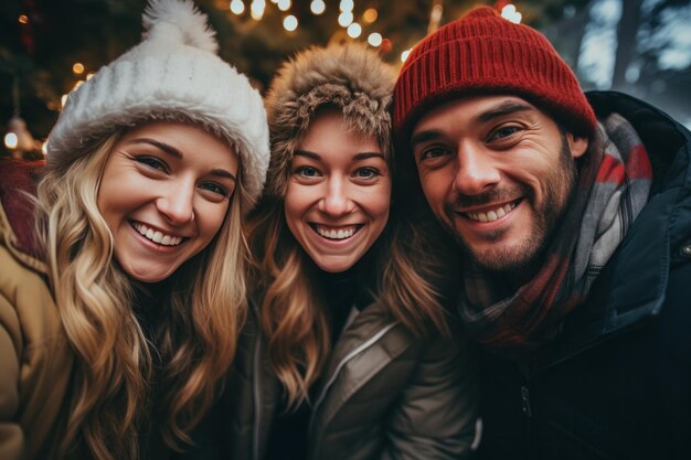 Vier mensen met kerstcadeaus nemen een selfie voor de kerstboom.