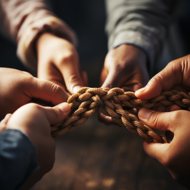 Foto vier mensen van verschillende etnische groepen die samen een touw vasthouden