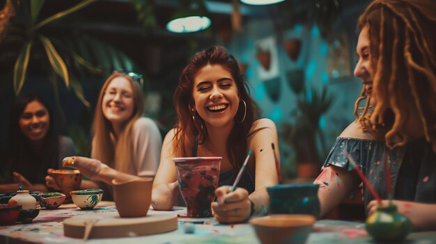 Vier mooie jonge vrouwen lachen en hebben plezier terwijl ze aardewerk schilderen in een fel verlichte studio