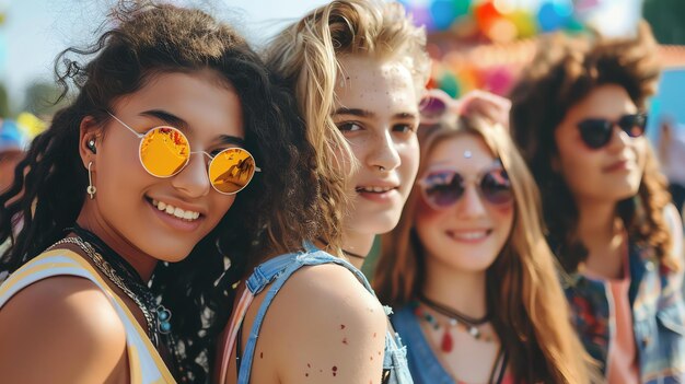 Vier mooie jonge vrouwen met trendy make-up en stijlvolle kleren poseren voor een foto op een zomermuziekfestival