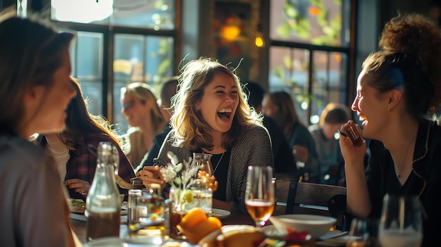 Foto vier mooie jonge vrouwen zitten aan een tafel in een restaurant te lachen en te praten.