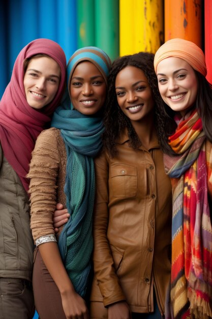 Foto vier mooie vrouwen van verschillende etnische groepen met kleurrijke hoofddoeken poseren voor een foto. ze glimlachen allemaal en omhelzen elkaar.