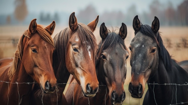 Foto vier paarden staan naast elkaar met hun hoofden dicht bij elkaar.