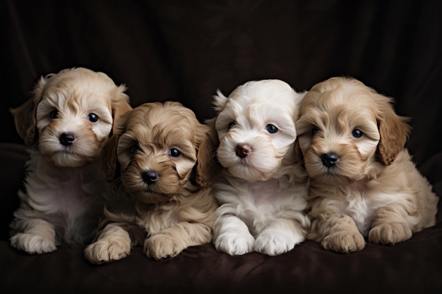 Vier puppy's zitten op een rij op een donkere achtergrond