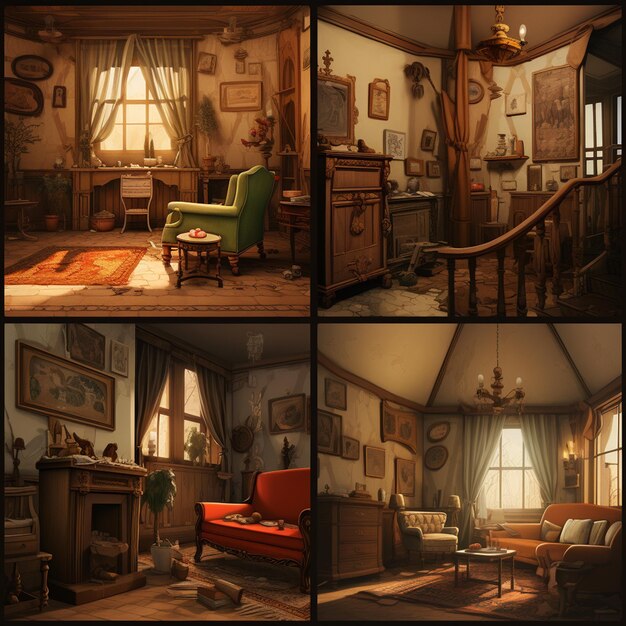 vier scènes van kamers in het huis