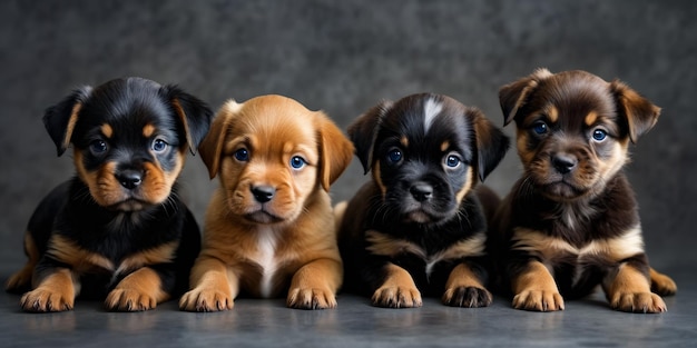 Vier schattige puppy's van verschillende maten en kleuren zitten naast elkaar op de toonbank