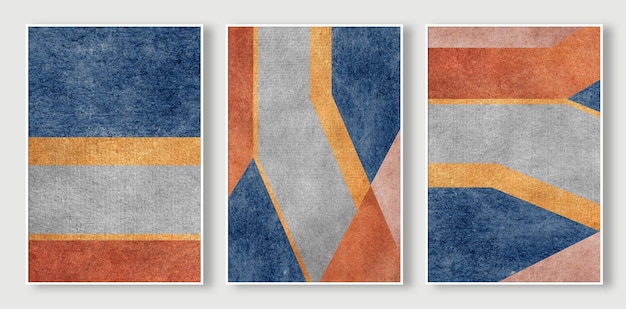 Vier schilderijen met een blauw en oranje geometrisch patroon.