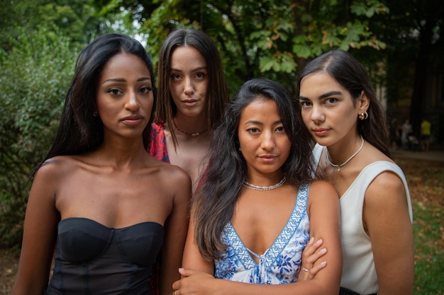 Foto vier serieuze jonge vrouwen van verschillende etniciteiten samen concept van diversiteit en integratie