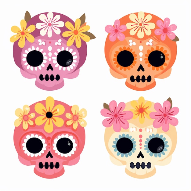 vier suiker schedels met bloemen op hun hoofden generatieve ai