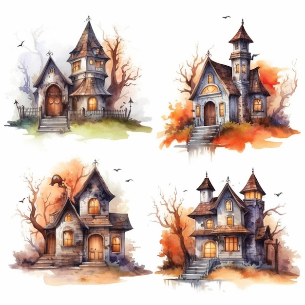 vier verschillende aquarelillustraties van een huis met een klokkentoren generatieve ai