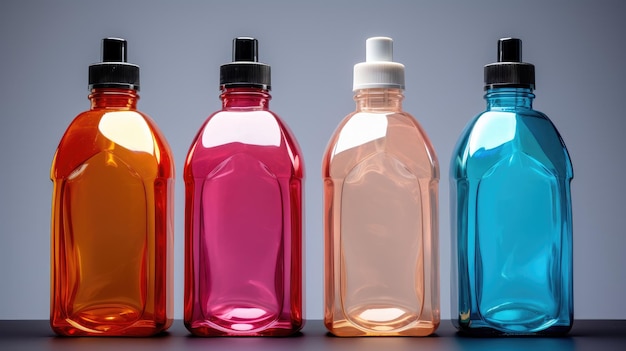 Foto vier verschillende gekleurde flessen met wat schoonmaakzeep