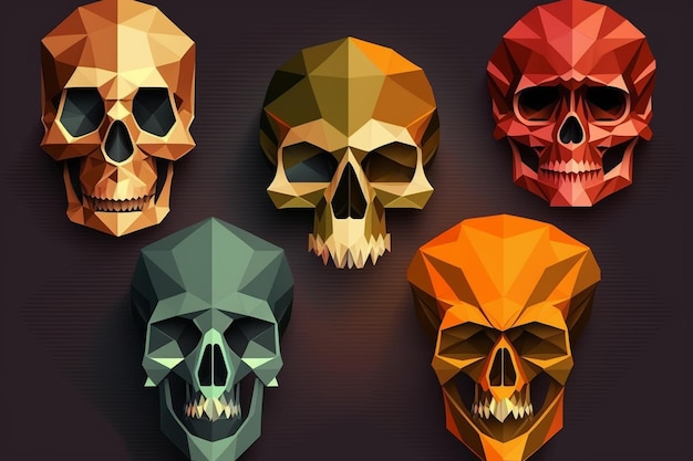 Vier verschillende gekleurde schedels met verschillende gezichten op een donkere achtergrond generatieve ai