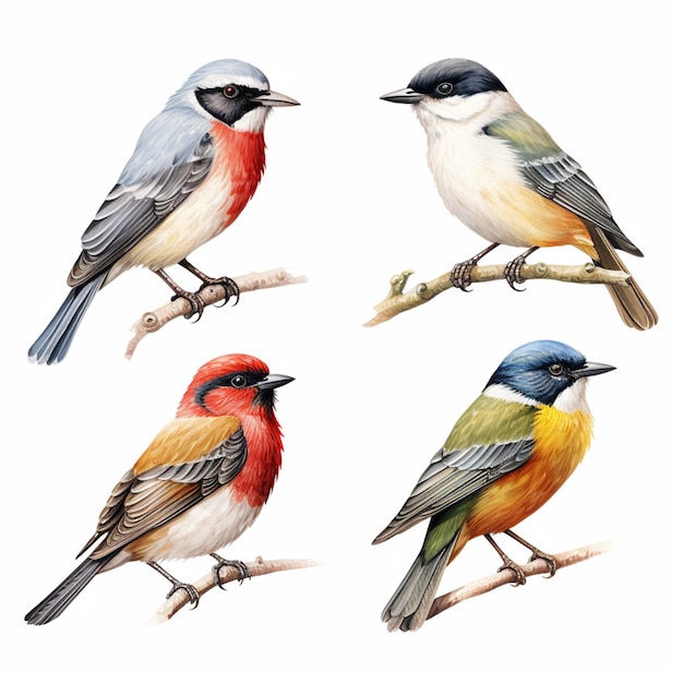 vier verschillende gekleurde vogels zitten op een tak van een boom generatieve ai