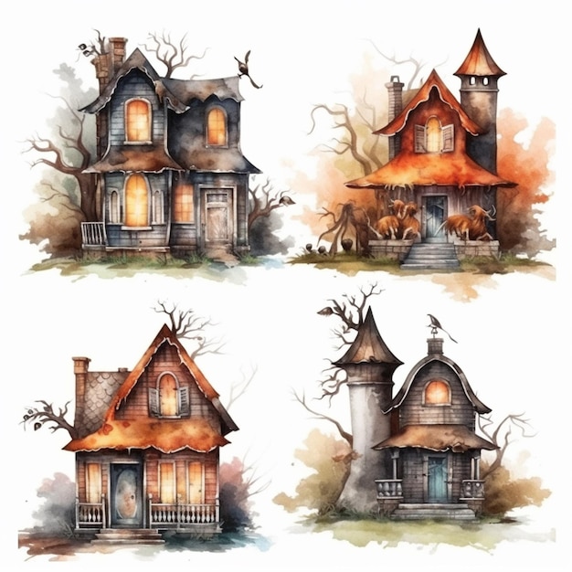 vier verschillende huizen met een eng dak en een enge boom generatieve ai