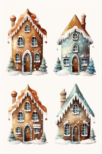 vier verschillende stijlen van huizen met sneeuw op hen generatieve ai