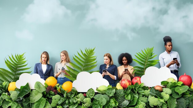 Vier verschillende vrouwen staan voor een weelderige groene muur van verschillende planten en groenten en kijken allemaal naar hun telefoons.