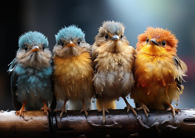 Foto vier vogels staan in een rij op een tak, waarvan er een een blauw lichaam heeft.