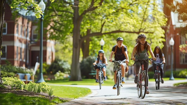 Vier vrienden fietsen op een universiteitscampus.