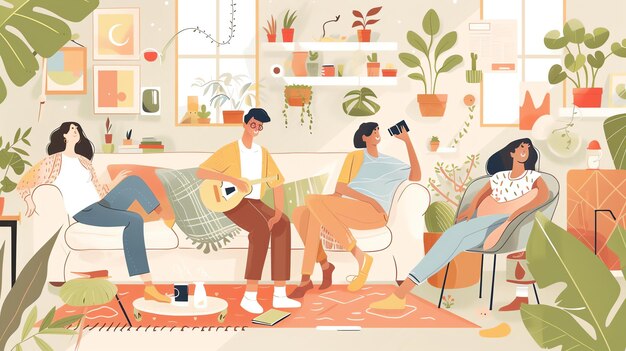 Vier vrienden ontspannen zich in een gezellige woonkamer ze zitten op een bank en een fauteuil en ze dragen allemaal casual kleding