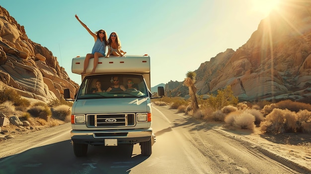 Foto vier vrienden zijn op een roadtrip in een camper. ze rijden door een woestijnlandschap en ze zijn allemaal enthousiast om op hun avontuur te zijn.